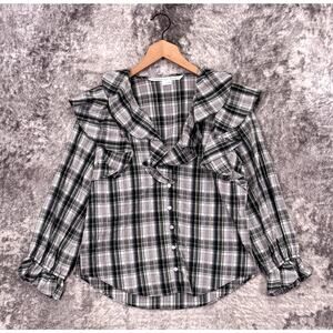 Veronica Beard Itha Top 6 Womens Plaid Ruffle Long Sleeve Button Down